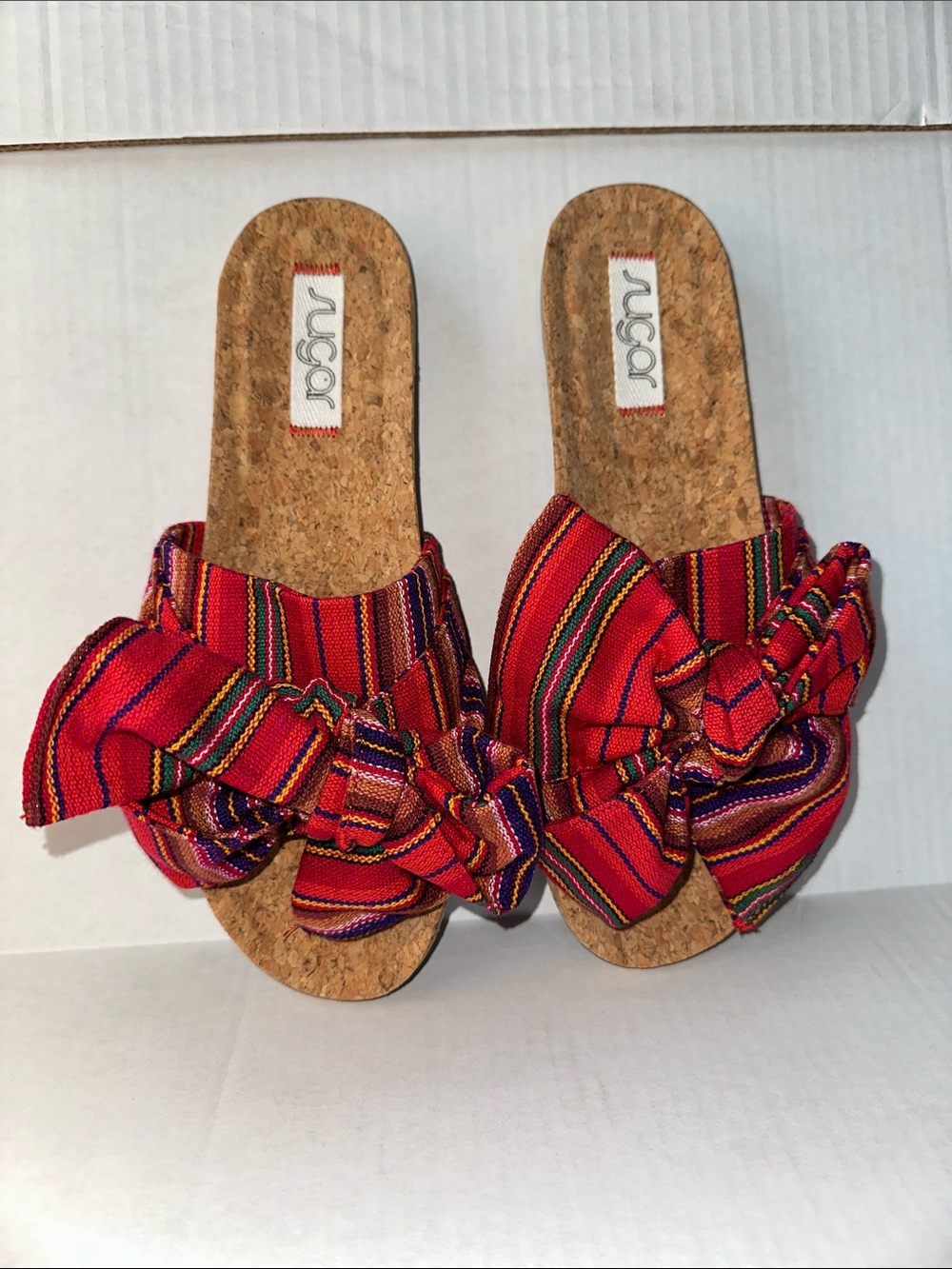Sugar‎ Red Multistripe Bow Cork Slide Mules